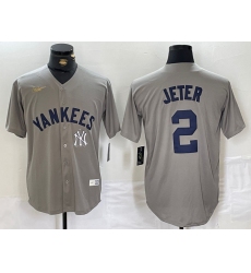 Men New York Yankees 2 Derek Jeter Grey Cool Base Stitched Baseball Jersey 1