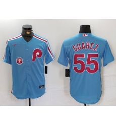 Men Philadelphia Phillies 55 Ranger Suarez Blue Cool Base Stitched Jersey 1