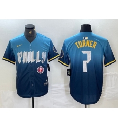 Men Philadelphia Phillies 7 Trea Turner Blue 2024 City Connect Limited Stitched Jersey 2