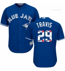 Mens Majestic Toronto Blue Jays 29 Devon Travis Authentic Blue Team Logo Fashion MLB Jersey