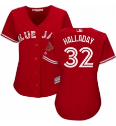 Womens Majestic Toronto Blue Jays 32 Roy Halladay Replica Scarlet Alternate MLB Jersey