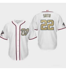 Men Washington Nationals  22 Juan Soto White 2019 World Series Champions Gold Program Cool Base Jersey