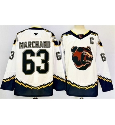 Men Boston Bruins 63 Brad Marchand White 2024 25 With C Patch Reverse Retro Home Stitched Hockey Jersey