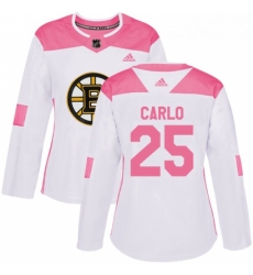 Womens Adidas Boston Bruins 25 Brandon Carlo Authentic WhitePink Fashion NHL Jersey 