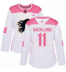 Womens Adidas Calgary Flames 11 Mikael Backlund Authentic WhitePink Fashion NHL Jersey 