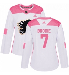 Womens Adidas Calgary Flames 7 TJ Brodie Authentic WhitePink Fashion NHL Jersey 