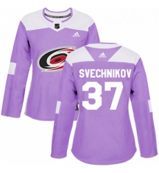 Womens Adidas Carolina Hurricanes 37 Andrei Svechnikov Authentic Purple Fights Cancer Practice NHL Jersey 