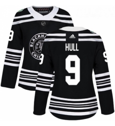 Womens Adidas Chicago Blackhawks 9 Bobby Hull Authentic Black 2019 Winter Classic NHL Jersey 