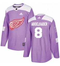 Mens Adidas Detroit Red Wings 8 Justin Abdelkader Authentic Purple Fights Cancer Practice NHL Jersey 