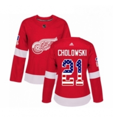 Womens Adidas Detroit Red Wings 21 Dennis Cholowski Authentic Red USA Flag Fashion NHL Jersey 