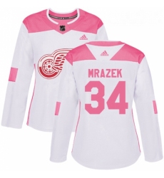 Womens Adidas Detroit Red Wings 34 Petr Mrazek Authentic WhitePink Fashion NHL Jersey 