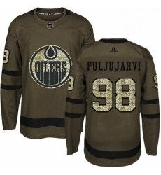 Mens Adidas Edmonton Oilers 98 Jesse Puljujarvi Authentic Green Salute to Service NHL Jersey 