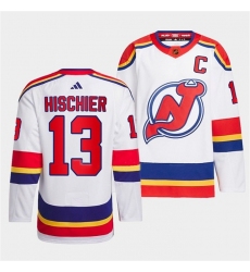 Men New Jersey Devils 13 Nico Hischier White 2022 23 Reverse Retro Stitched Jersey