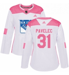 Womens Adidas New York Rangers 31 Ondrej Pavelec Authentic WhitePink Fashion NHL Jersey 