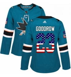 Womens Adidas San Jose Sharks 23 Barclay Goodrow Authentic Teal Green USA Flag Fashion NHL Jersey 