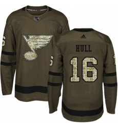 Mens Adidas St Louis Blues 16 Brett Hull Premier Green Salute to Service NHL Jersey 