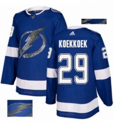 Mens Adidas Tampa Bay Lightning 29 Slater Koekkoek Authentic Royal Blue Fashion Gold NHL Jersey 