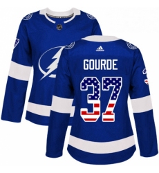 Womens Adidas Tampa Bay Lightning 37 Yanni Gourde Authentic Blue USA Flag Fashion NHL Jersey 