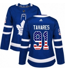 Womens Adidas Toronto Maple Leafs 91 John Tavares Authentic Royal Blue USA Flag Fashion NHL Jersey 