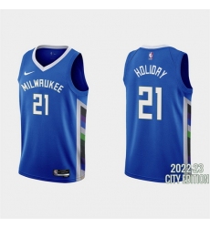 Men Milwaukee Bucks 21 Jrue Holiday 2022 23 Blue City Edition Stitched Basketball Jersey