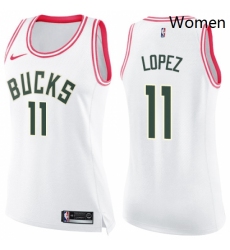 Womens Nike Milwaukee Bucks 11 Brook Lopez Swingman White Pink Fashion NBA Jersey 