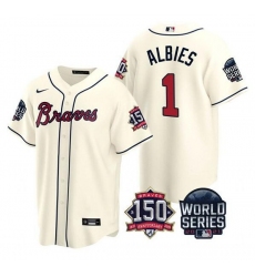 Men Atlanta Braves 1 Ozzie Albies 2021 Cream World Series With 150th Anniversary Patch Cool Base Stitched Jersey