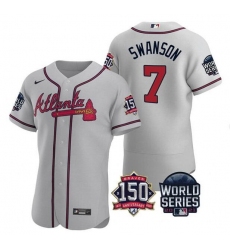 Men Atlanta Braves 7 Dansby Swanson 2021 Gray World Series With 150th Anniversary Patch Stitched Baseball Jersey