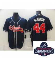 Men Nike Atlanta Braves 44 Hank Aaron Blue Stitched MLB 2021 Champions Patch Jersey