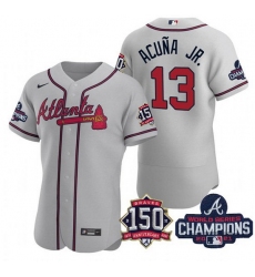 Men's Grey Atlanta Braves #13 Ronald Acuna Jr. 2021 World Series Champions With 150th Anniversary Flex Base Stitched Jersey