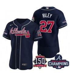 Men's Navy Atlanta Braves #27 Austin Riley Swanson 2021 World Series Champions With 150th Anniversary Flex Base Stitched Jersey