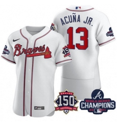 Men's White Atlanta Braves #13 Ronald Acuna Jr. 2021 World Series Champions With 150th Anniversary Flex Base Stitched Jersey