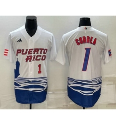 Men's Puerto Rico Baseball #1 Carlos Correa Number White 2023 World Baseball Classic Stitched Jersey