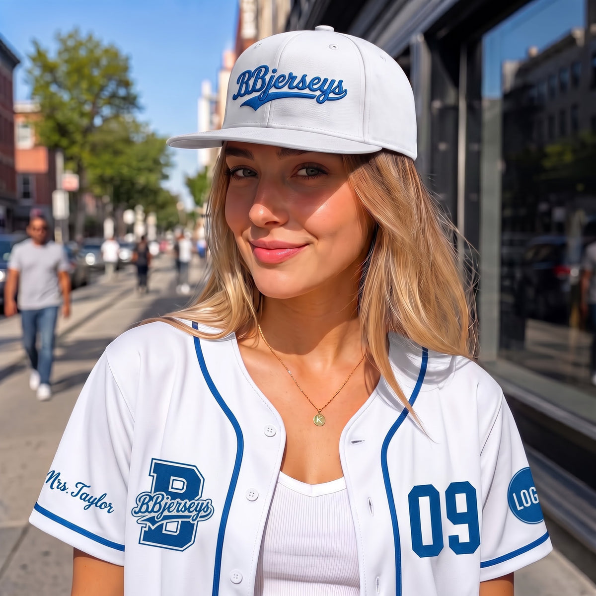 Custom West Coast Blue & Crisp White Split-Flex Jersey | Personalized Dual-Chest Button-Down Shirt | Y2K Streetwear Layering Top