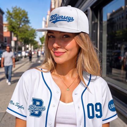Custom West Coast Blue & Crisp White Split-Flex Jersey | Personalized Dual-Chest Button-Down Shirt | Y2K Streetwear Layering Top