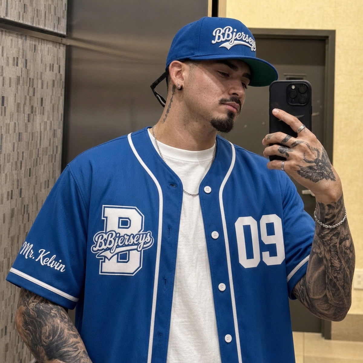 Custom Cobalt Blue Split-Flex Jersey | Personalized Dual-Chest Button-Down Shirt | Y2K Streetwear Layering Top