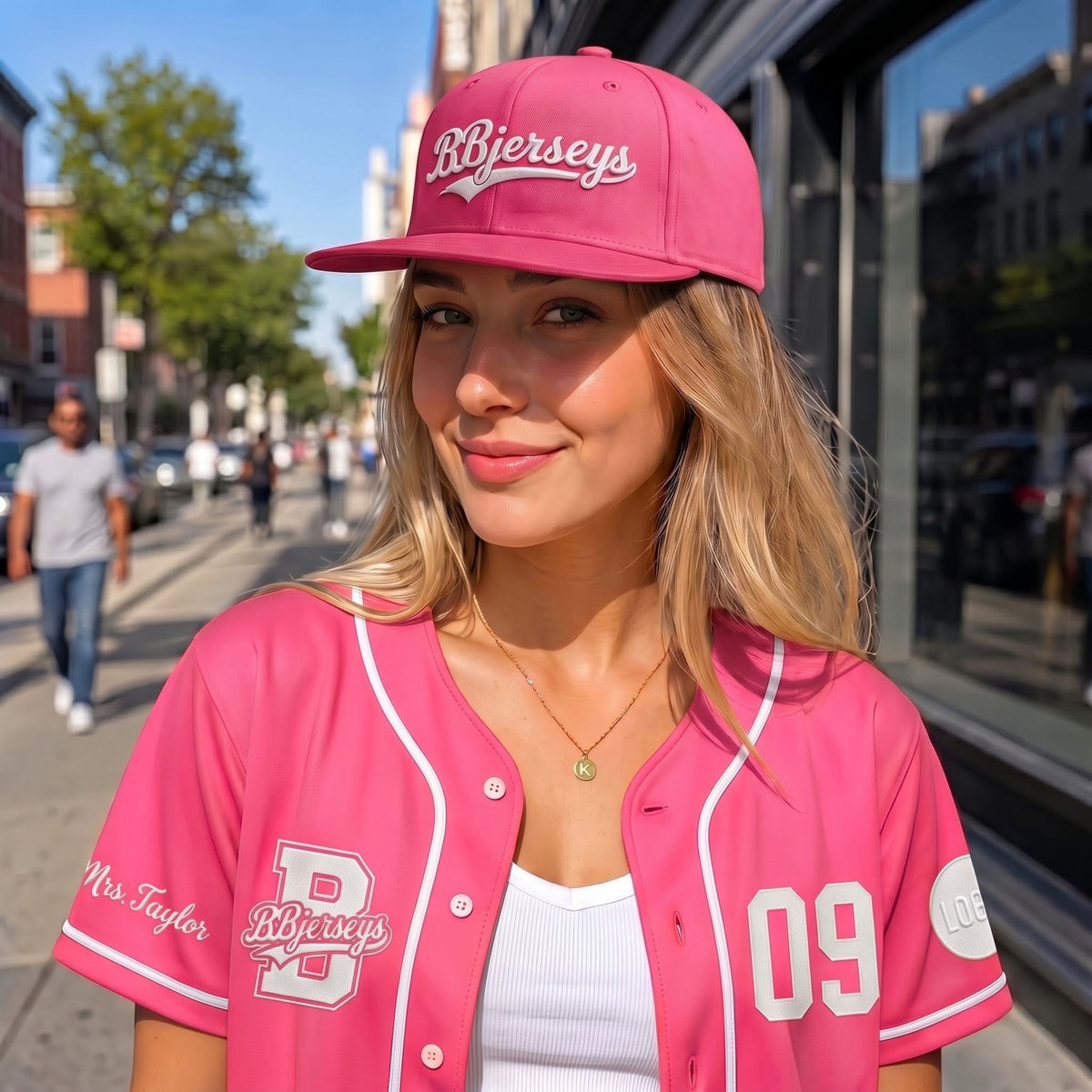 Custom Bubblegum Pink Split-Flex Jersey | Personalized Dual-Chest Button-Down Shirt | Y2K Streetwear Layering Top