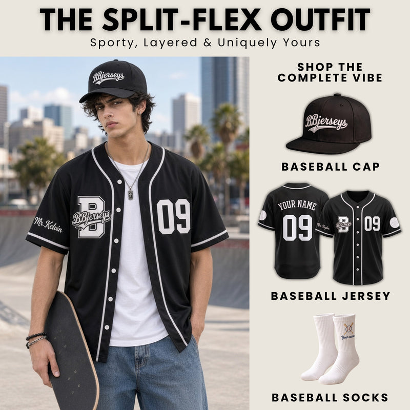 Custom Phantom Black Split-Flex Jersey | Personalized Dual-Chest Button-Down Shirt | Y2K Streetwear Layering Top