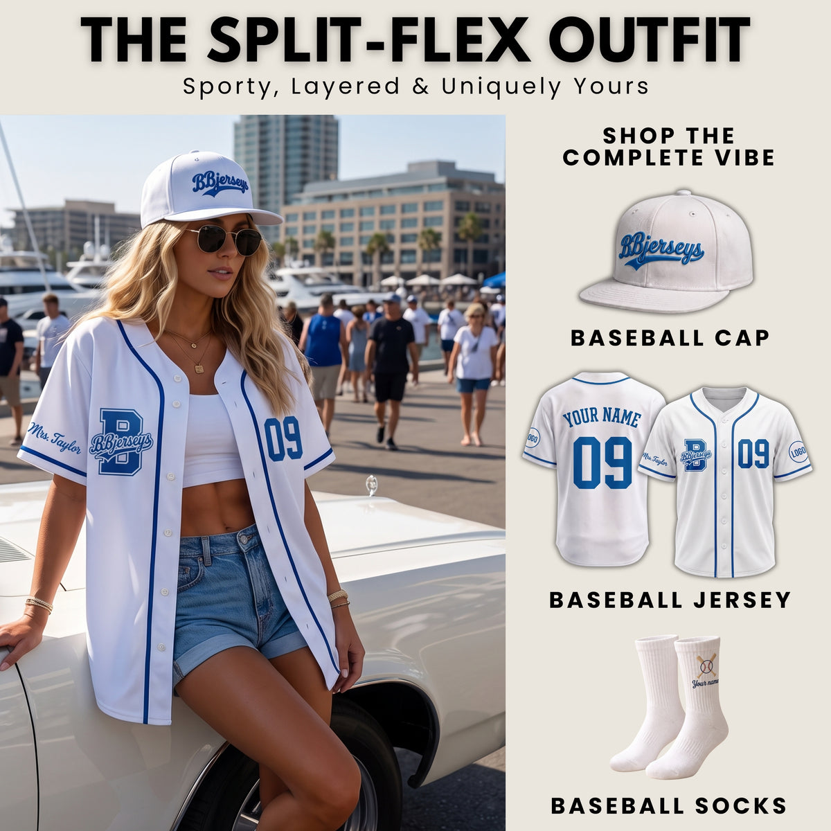 Custom West Coast Blue & Crisp White Split-Flex Jersey | Personalized Dual-Chest Button-Down Shirt | Y2K Streetwear Layering Top