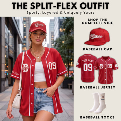 Custom Varsity Red Split-Flex Jersey | Personalized Dual-Chest Button-Down Shirt | Y2K Streetwear Layering Top