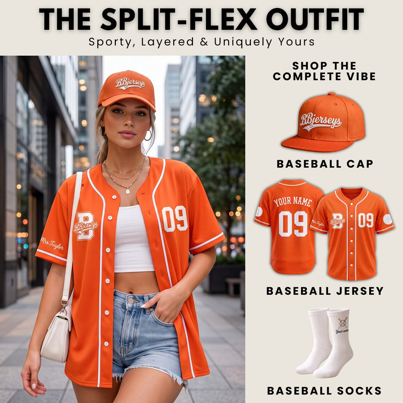 Custom Vibrant Orange Split-Flex Jersey | Personalized Dual-Chest Button-Down Shirt | Y2K Streetwear Layering Top