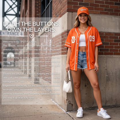 Custom Vibrant Orange Split-Flex Jersey | Personalized Dual-Chest Button-Down Shirt | Y2K Streetwear Layering Top