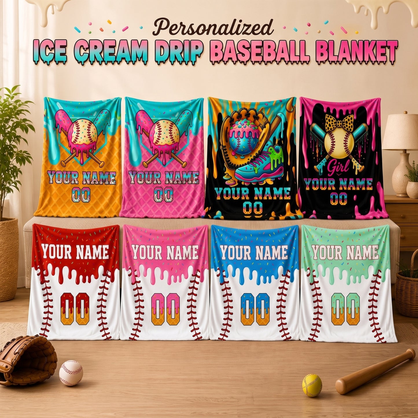 Personalized Ice Cream Baseball Blanket | Custom Name & Number