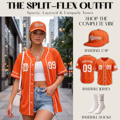 Custom Vibrant Orange Split-Flex Jersey | Personalized Dual-Chest Button-Down Shirt | Y2K Streetwear Layering Top