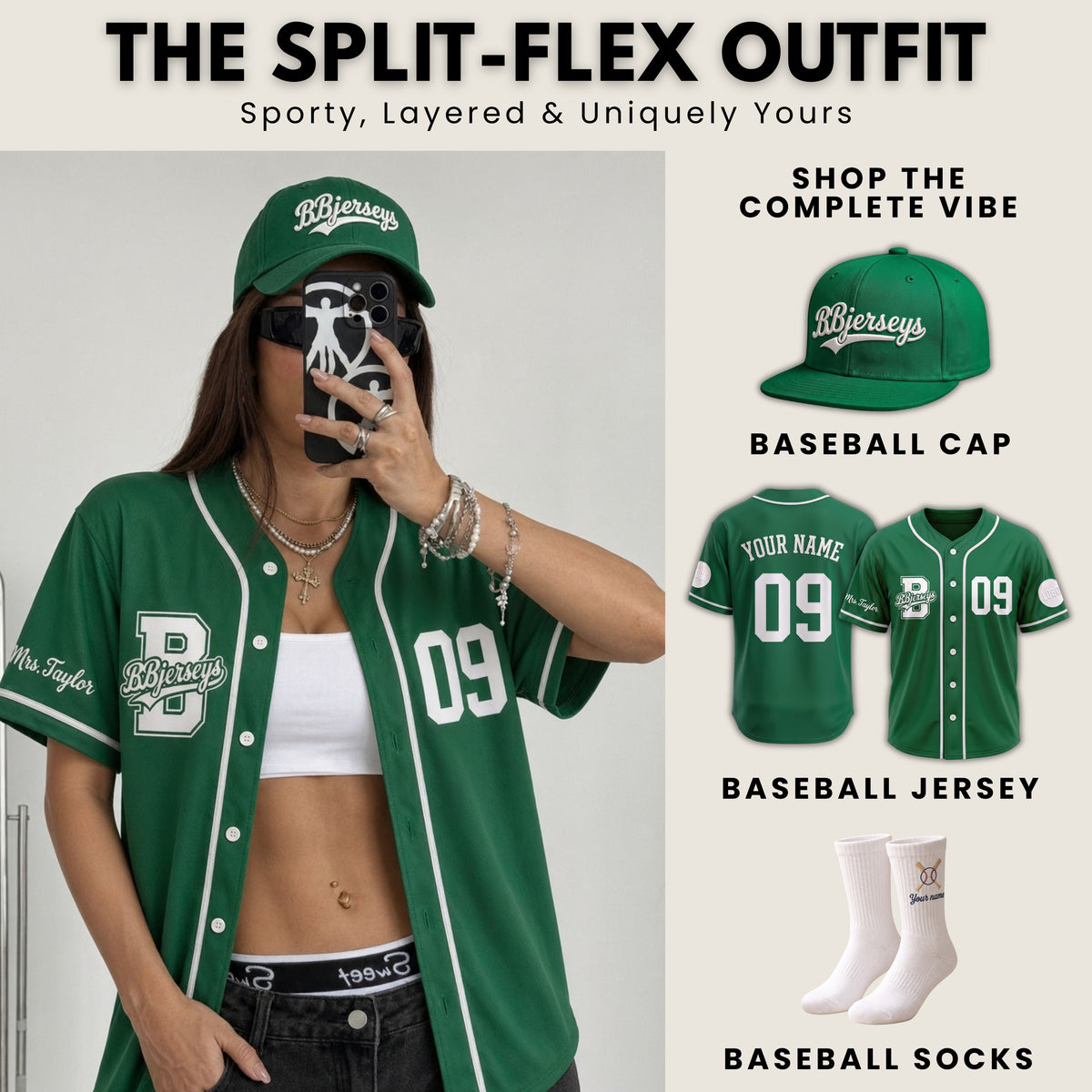 Custom Varsity Green Split-Flex Jersey | Personalized Dual-Chest Button-Down Shirt | Y2K Streetwear Layering Top