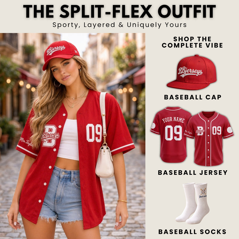 Custom Varsity Red Split-Flex Jersey | Personalized Dual-Chest Button-Down Shirt | Y2K Streetwear Layering Top