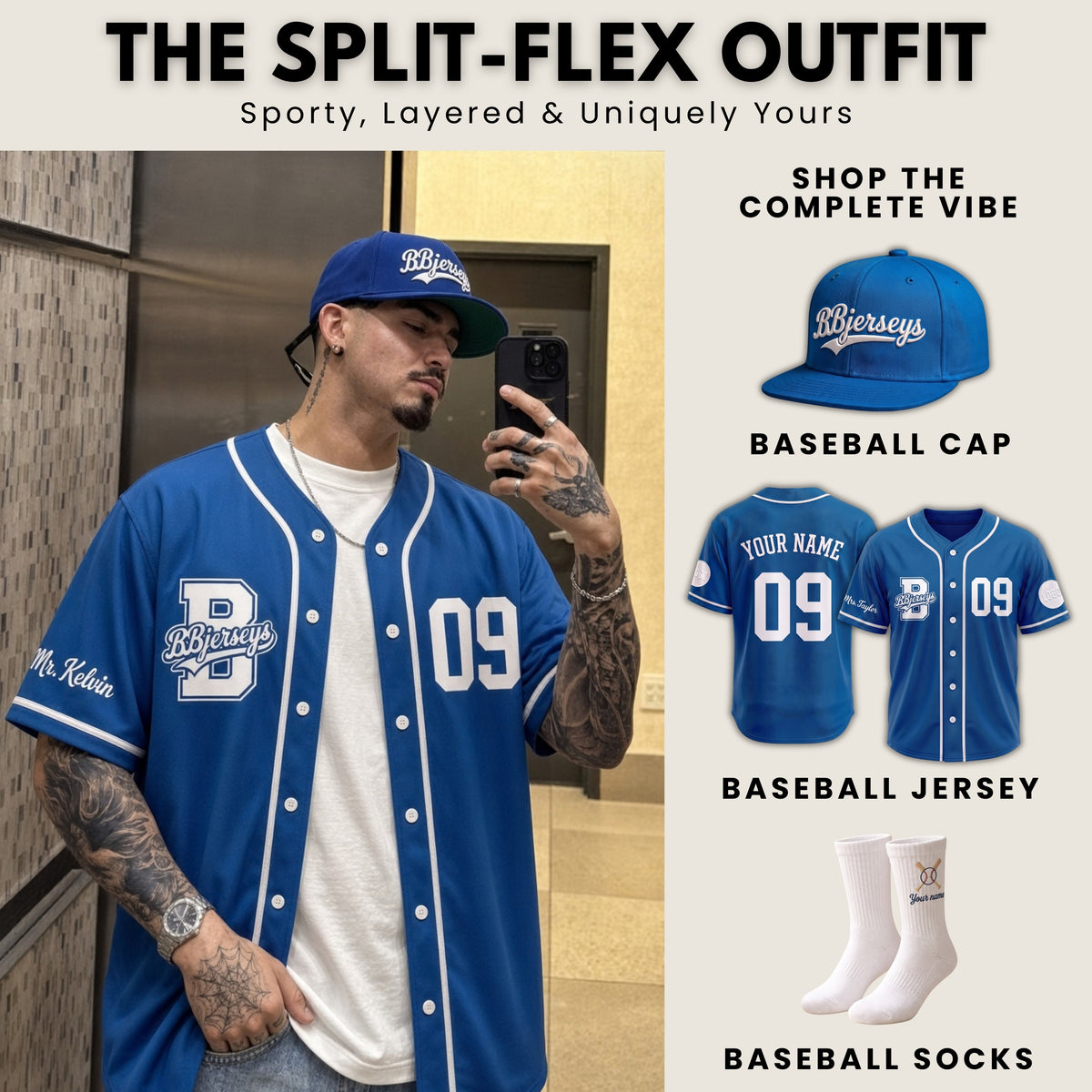 Custom Cobalt Blue Split-Flex Jersey | Personalized Dual-Chest Button-Down Shirt | Y2K Streetwear Layering Top