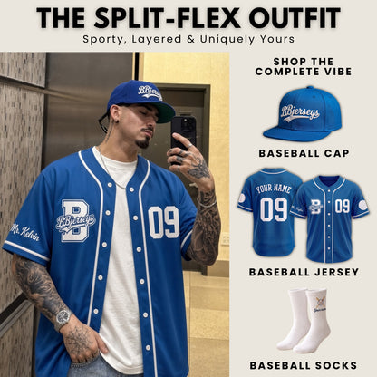 Custom Cobalt Blue Split-Flex Jersey | Personalized Dual-Chest Button-Down Shirt | Y2K Streetwear Layering Top
