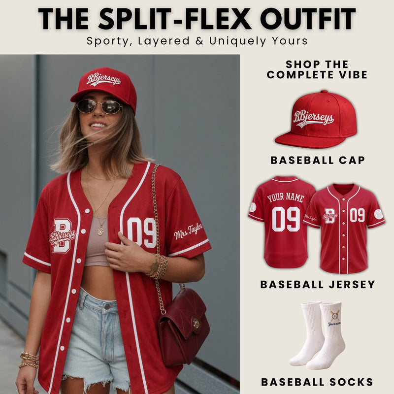 Custom Varsity Red Split-Flex Jersey | Personalized Dual-Chest Button-Down Shirt | Y2K Streetwear Layering Top