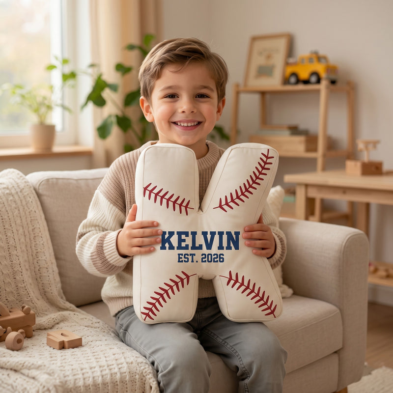 Custom Baseball Letter Pillow, Personalized Initial Name Sports Cushion, Stuffed Plush Monogram Toy, Vintage Nursery Decor, Baseball Gift for Kids