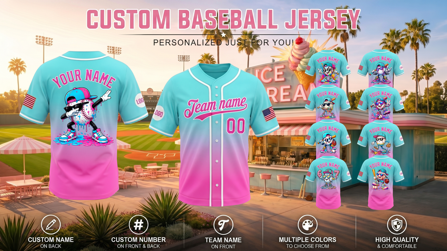 Trendy Kids Ice Cream Drip Baseball Jersey | Featured Mascot on Back